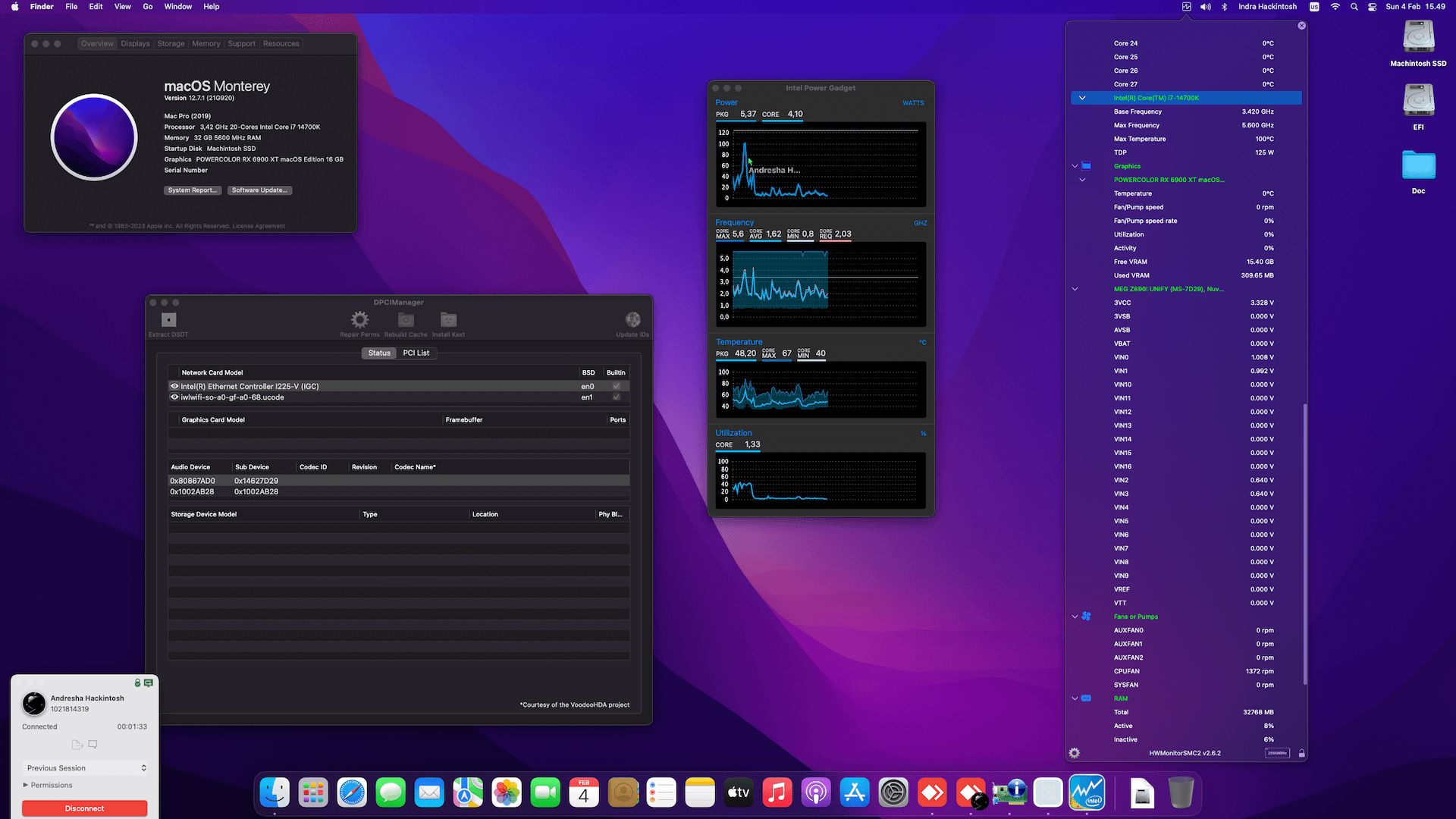 Success Hackintosh macOS Monterey 12.7.1 Build 21G920 in MSI MEG Z690I Unify + Intel Core i7 14700K + PowerColor RX 6900 XT